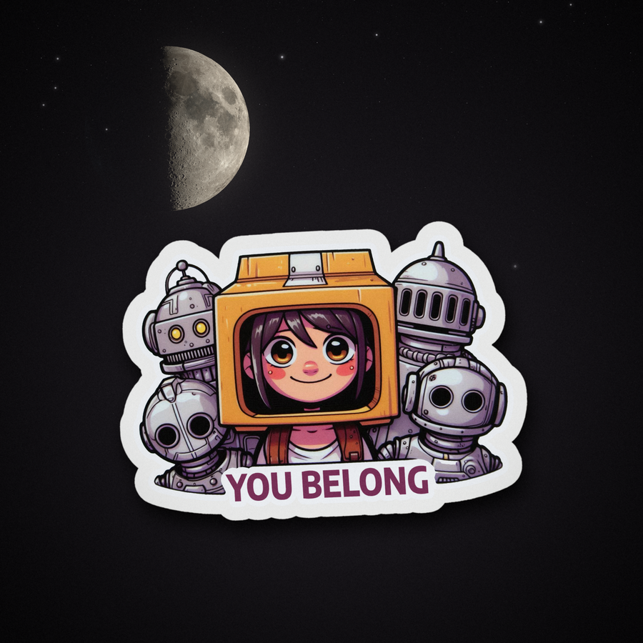 You Belong sticker under a crescent moon