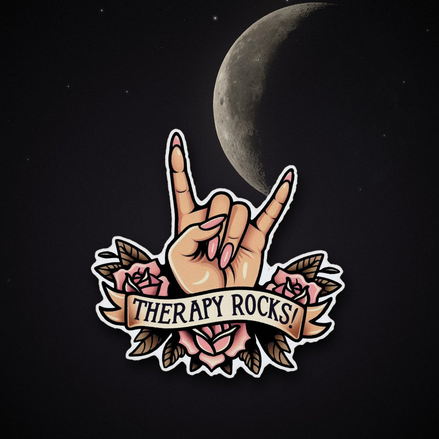 Therapy Rocks! sticker under a crescent moon