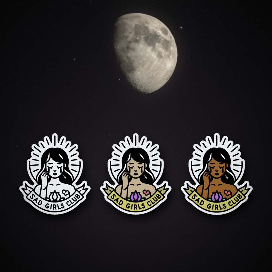 Sad Girls Club stickers in all three editions under a crescent moon