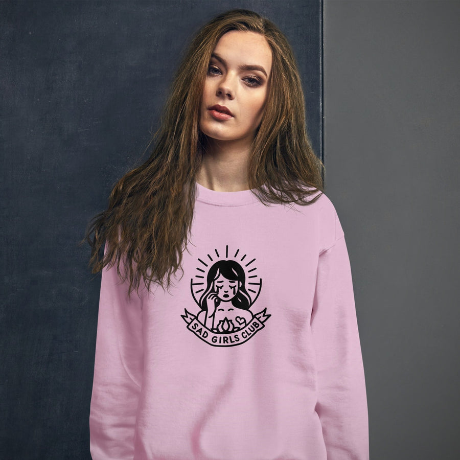 Model wearing the Sad Girls Club Sweatshirt in light pink