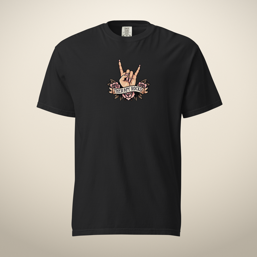 Therapy Rocks! T-Shirt in black, front, alternate view