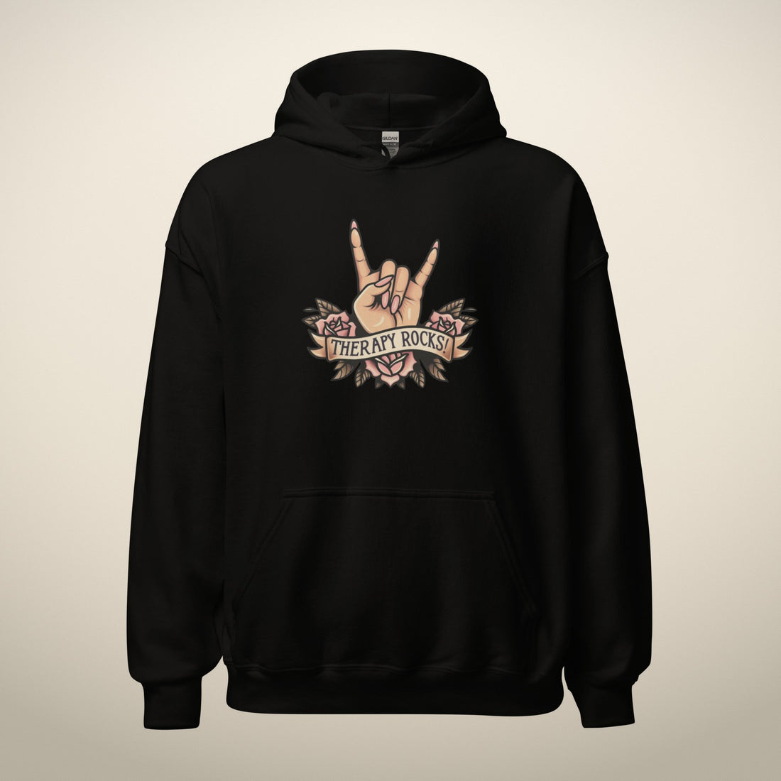 Therapy Rocks! Hoodie in black, front, alternate view