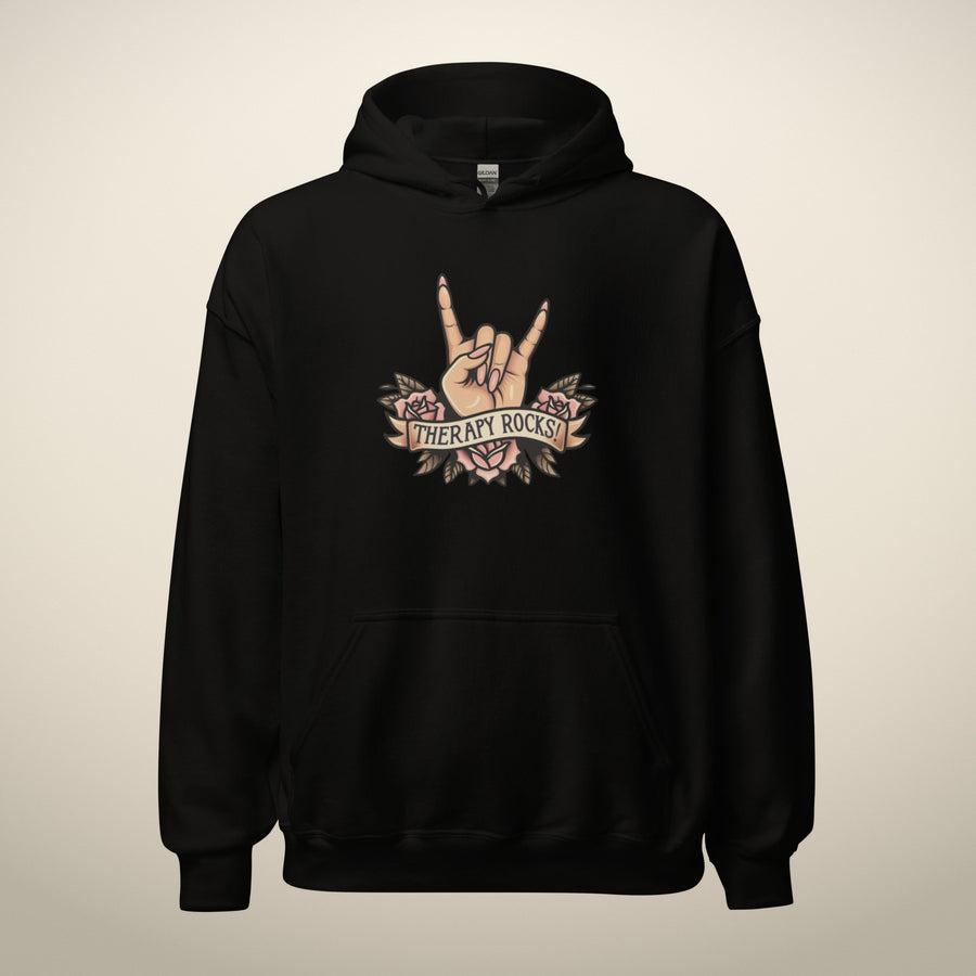 Therapy Rocks! Hoodie in black, front, alternate view