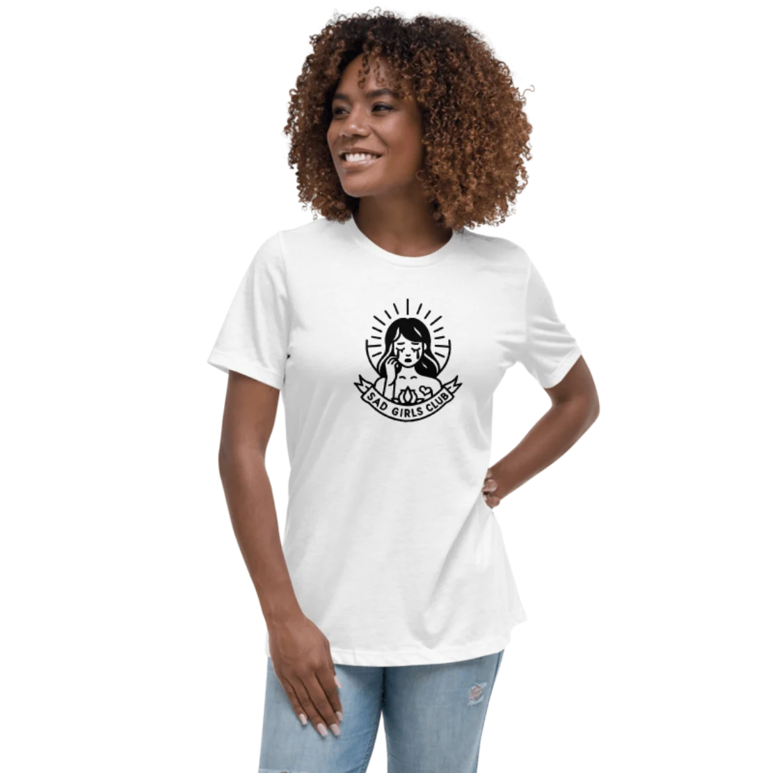 Model wearing the Sad Girls Club T-shirt in white